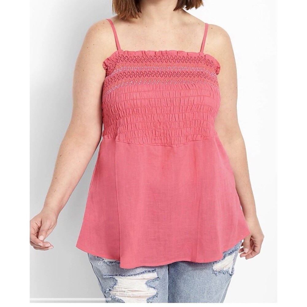 Lane Bryant Smocked Babydoll Tank Top Size 14 Vacation Beach Resort Tropical
